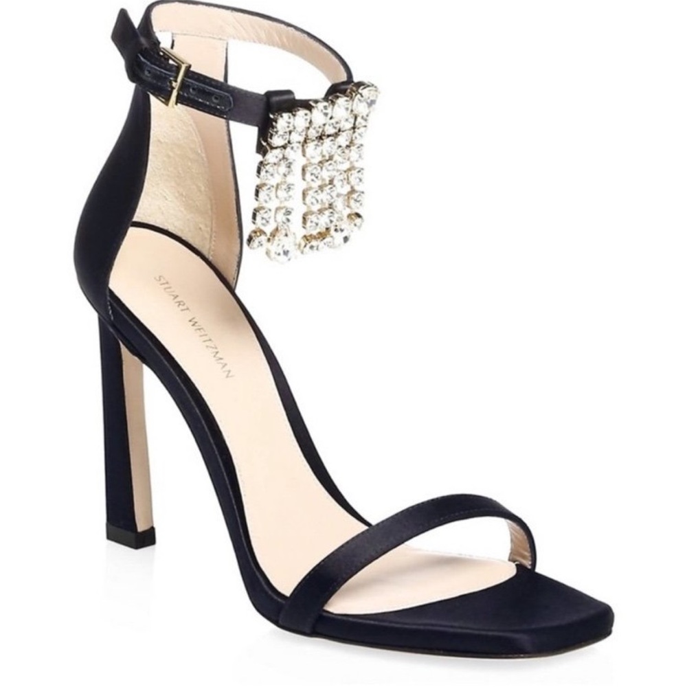 Stuart Weitzman Black Satin Heels with Crystal Embellishment